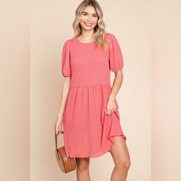 Culture Code Full Size Textured Round Neck Puff Sleeve Dress. 10010026506 - Picture 1 of 4